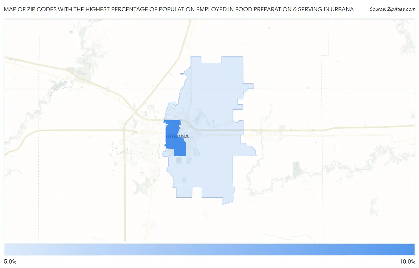 Zip Codes with the Highest Percentage of Population Employed in Food Preparation & Serving in Urbana Map