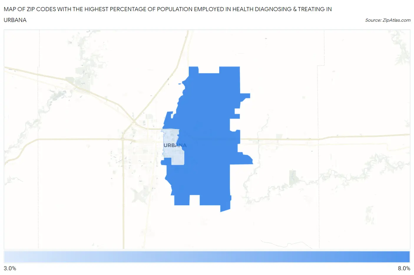 Zip Codes with the Highest Percentage of Population Employed in Health Diagnosing & Treating in Urbana Map