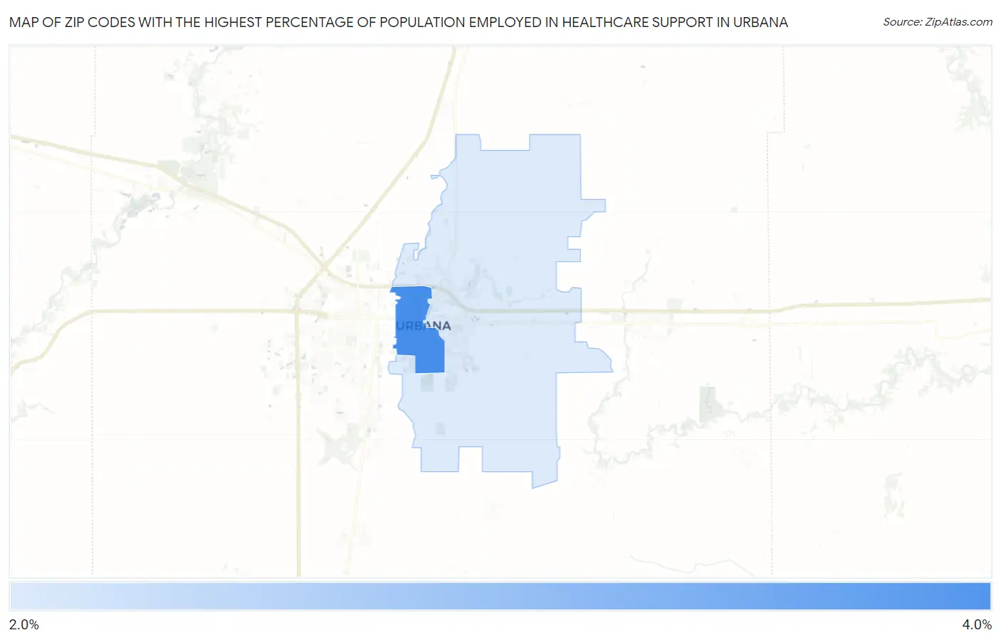 Zip Codes with the Highest Percentage of Population Employed in Healthcare Support in Urbana Map