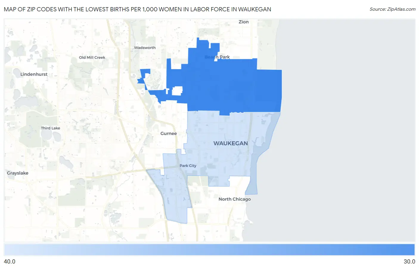 Zip Codes with the Lowest Births per 1,000 Women in Labor Force in Waukegan Map