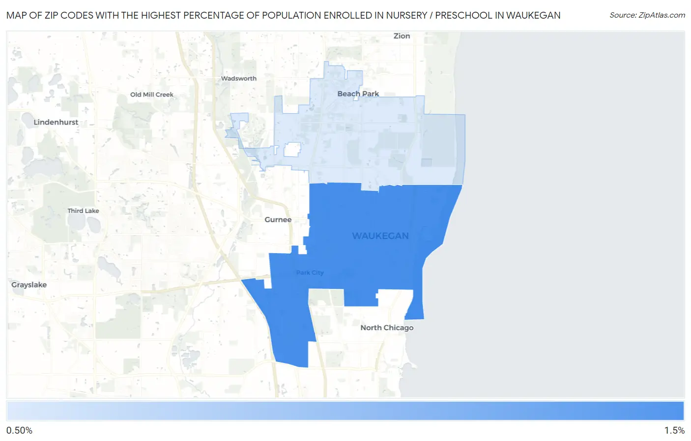 Zip Codes with the Highest Percentage of Population Enrolled in Nursery / Preschool in Waukegan Map