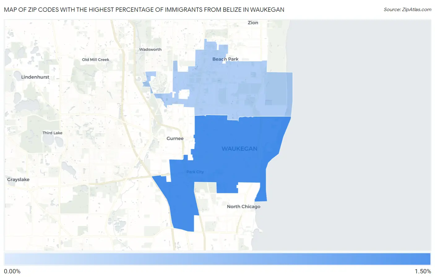 Zip Codes with the Highest Percentage of Immigrants from Belize in Waukegan Map