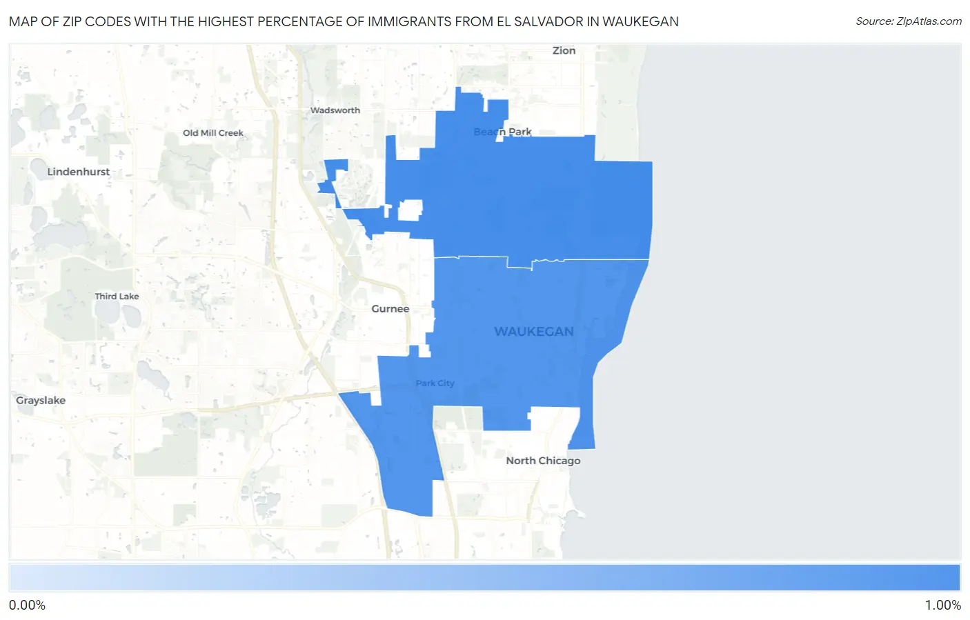 Zip Codes with the Highest Percentage of Immigrants from El Salvador in Waukegan Map