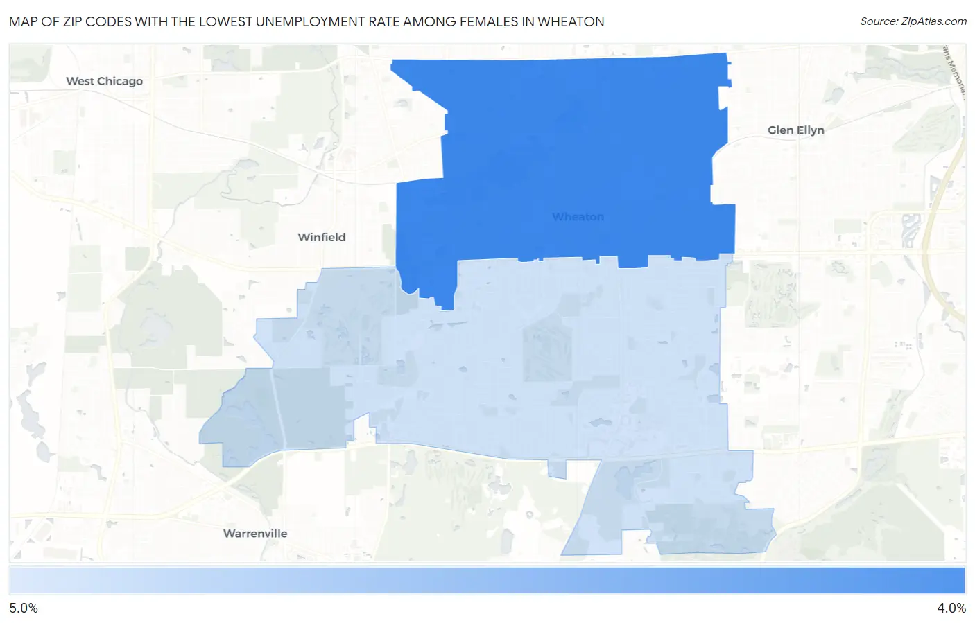 Zip Codes with the Lowest Unemployment Rate Among Females in Wheaton Map