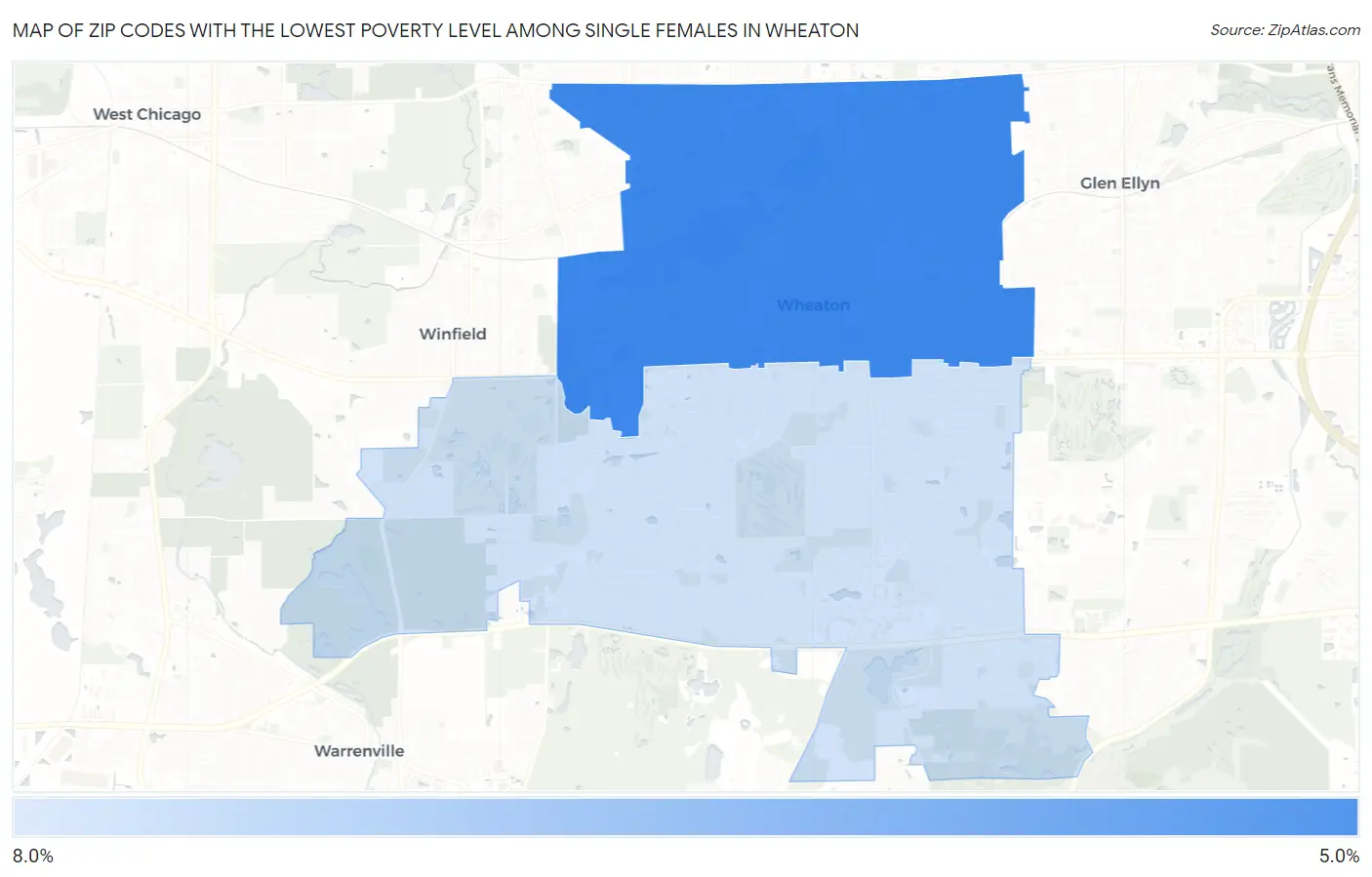 Zip Codes with the Lowest Poverty Level Among Single Females in Wheaton Map