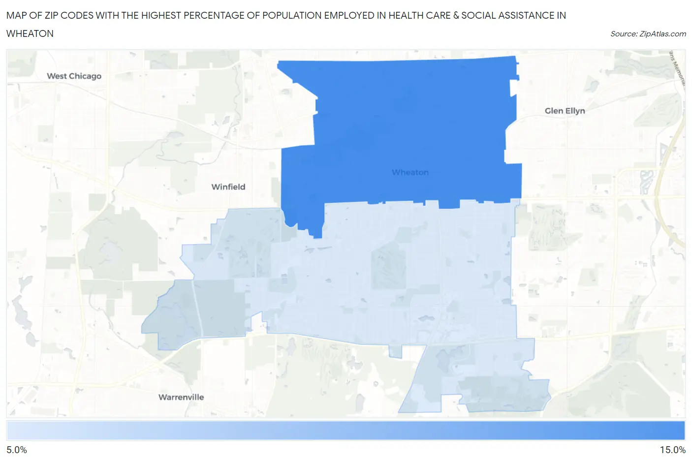 Zip Codes with the Highest Percentage of Population Employed in Health Care & Social Assistance in Wheaton Map
