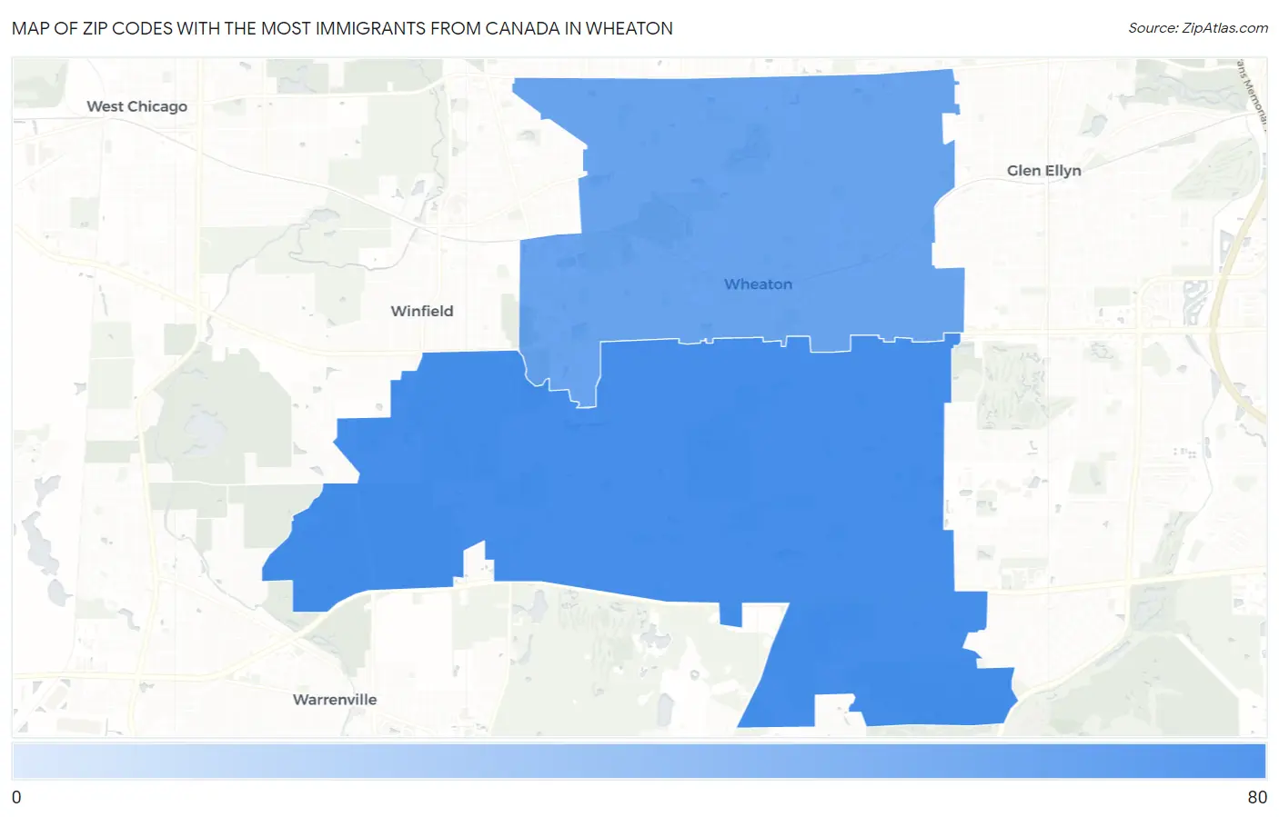 Zip Codes with the Most Immigrants from Canada in Wheaton Map