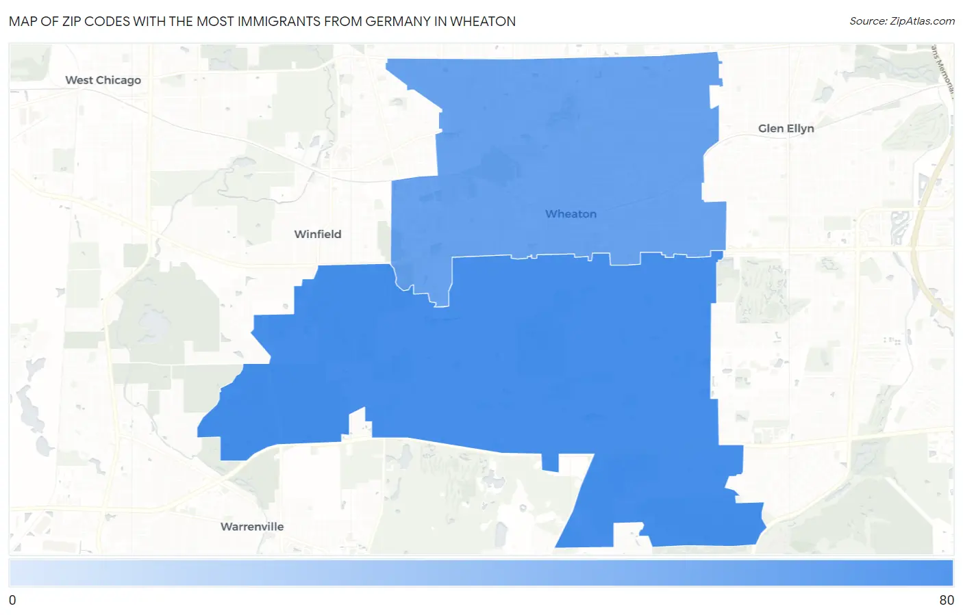 Zip Codes with the Most Immigrants from Germany in Wheaton Map