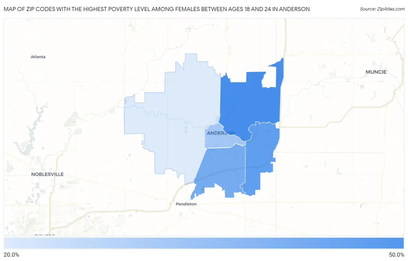 Zip Codes with the Highest Poverty Level Among Females Between Ages 18 and 24 in Anderson Map