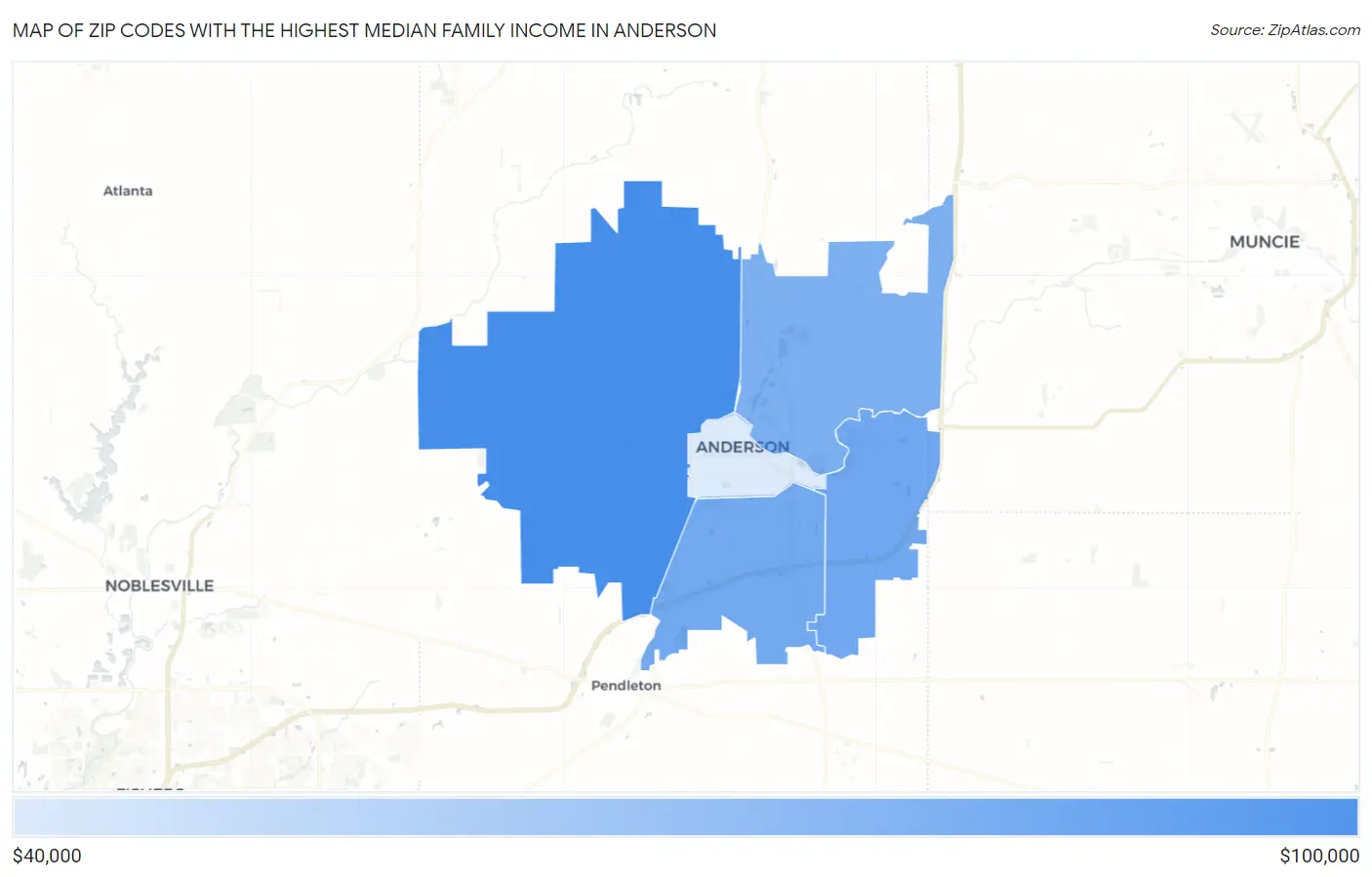 Zip Codes with the Highest Median Family Income in Anderson Map