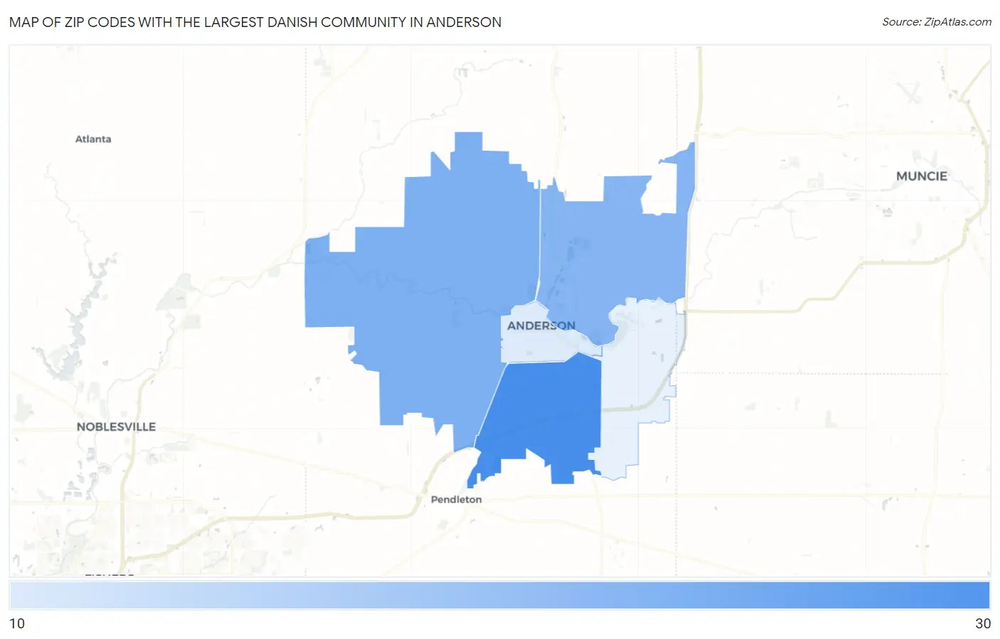 Zip Codes with the Largest Danish Community in Anderson Map