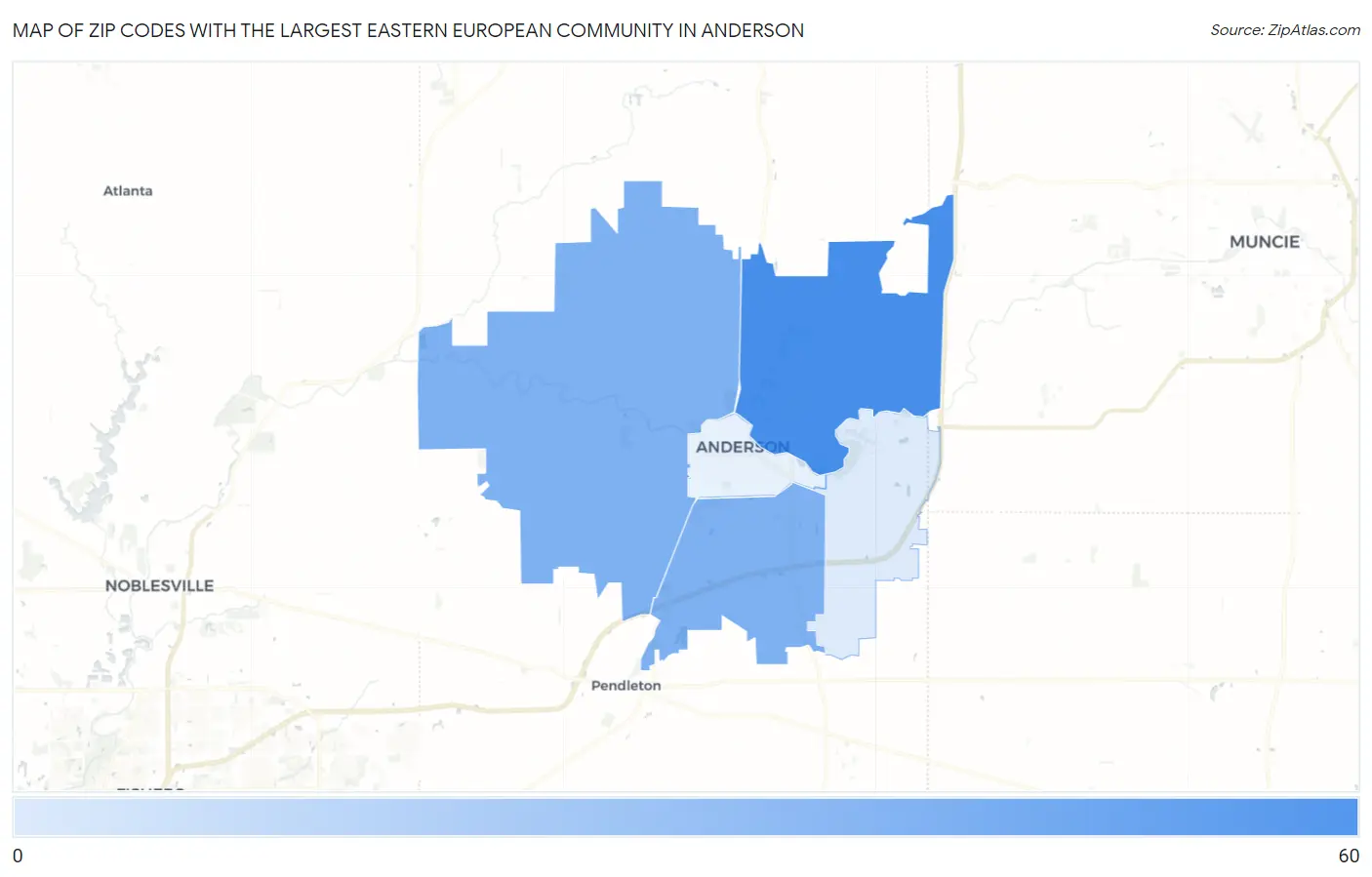 Zip Codes with the Largest Eastern European Community in Anderson Map
