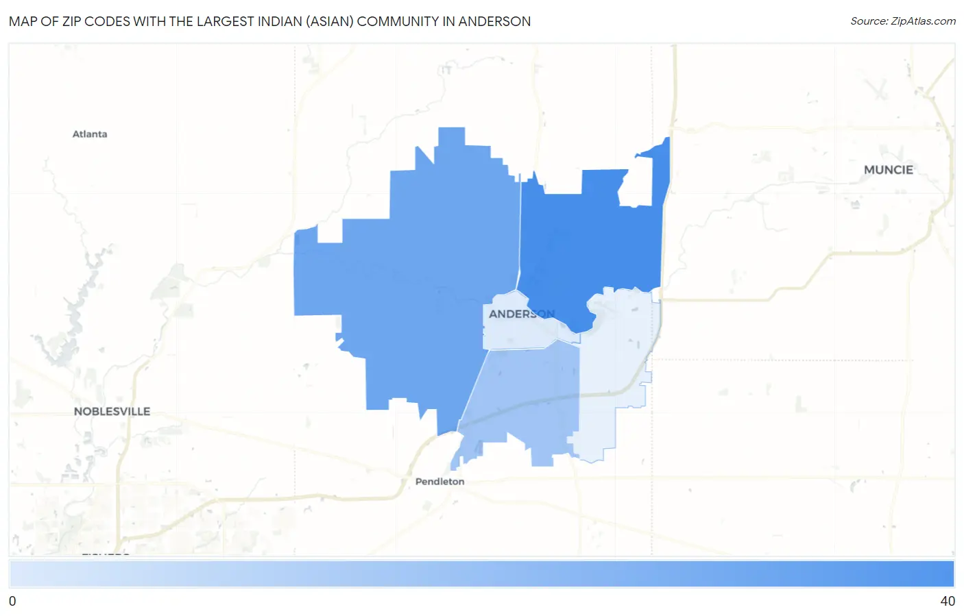 Zip Codes with the Largest Indian (Asian) Community in Anderson Map
