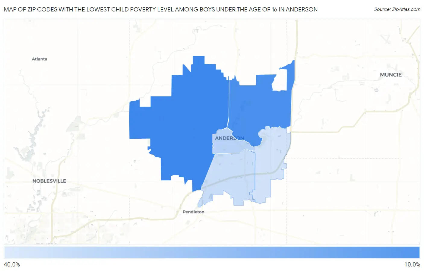 Zip Codes with the Lowest Child Poverty Level Among Boys Under the Age of 16 in Anderson Map