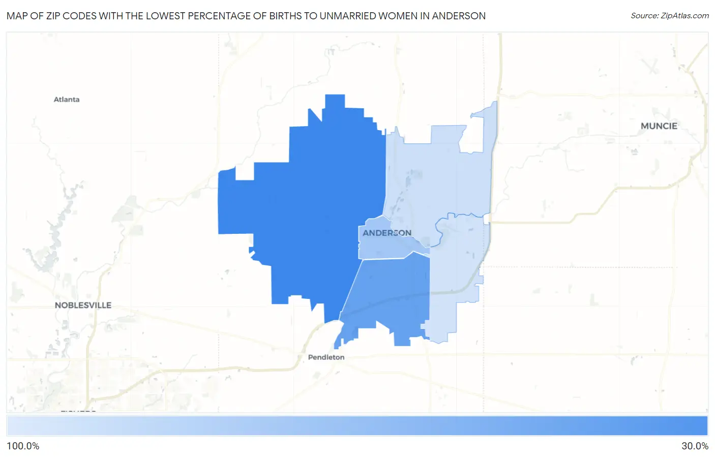 Zip Codes with the Lowest Percentage of Births to Unmarried Women in Anderson Map