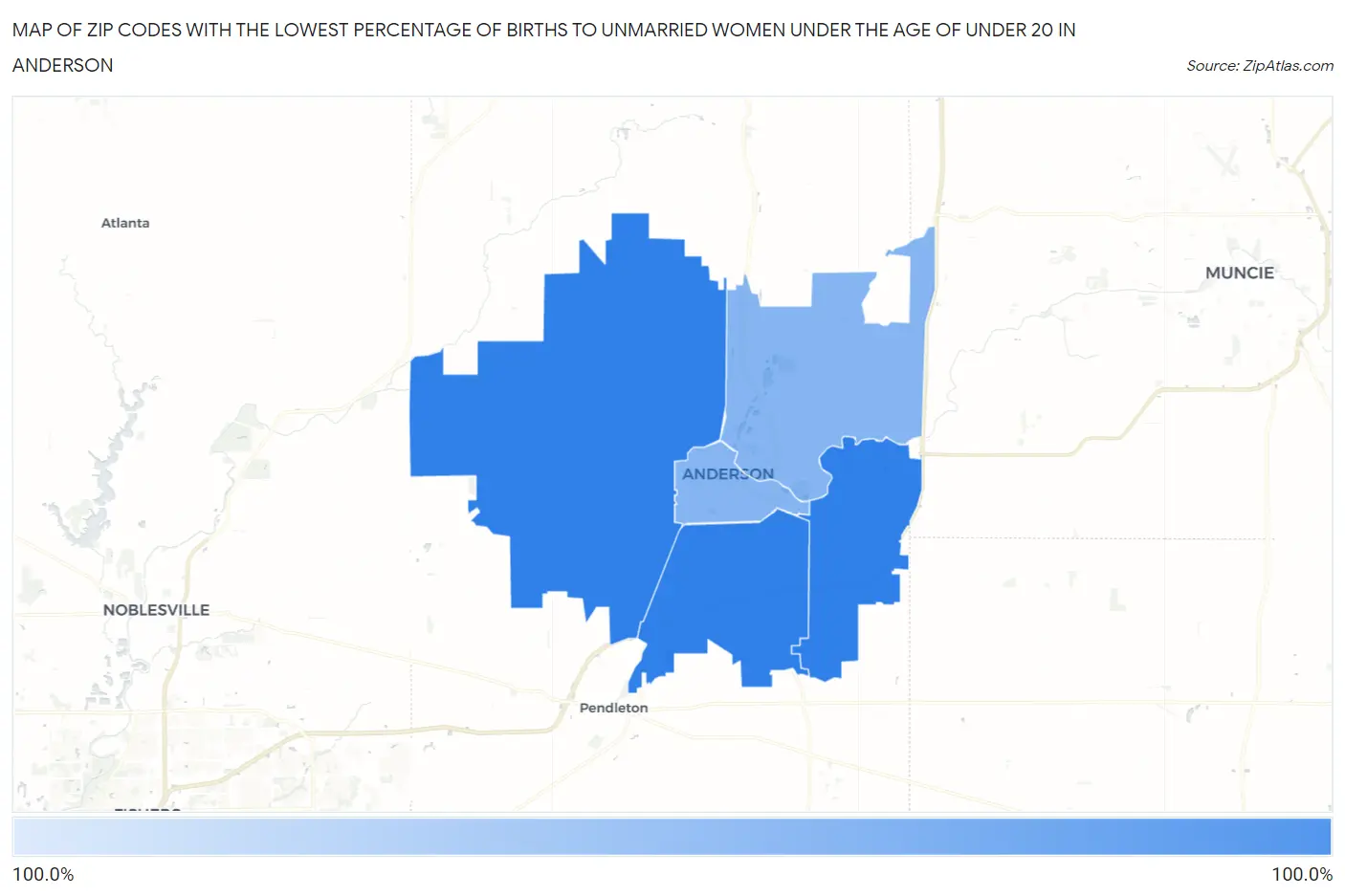 Zip Codes with the Lowest Percentage of Births to Unmarried Women under the Age of under 20 in Anderson Map