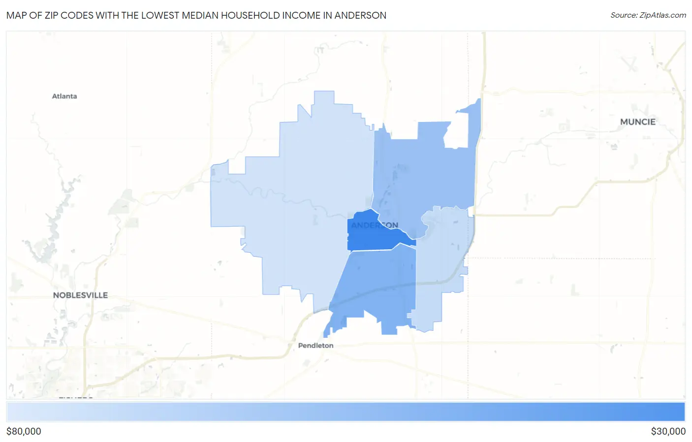Zip Codes with the Lowest Median Household Income in Anderson Map