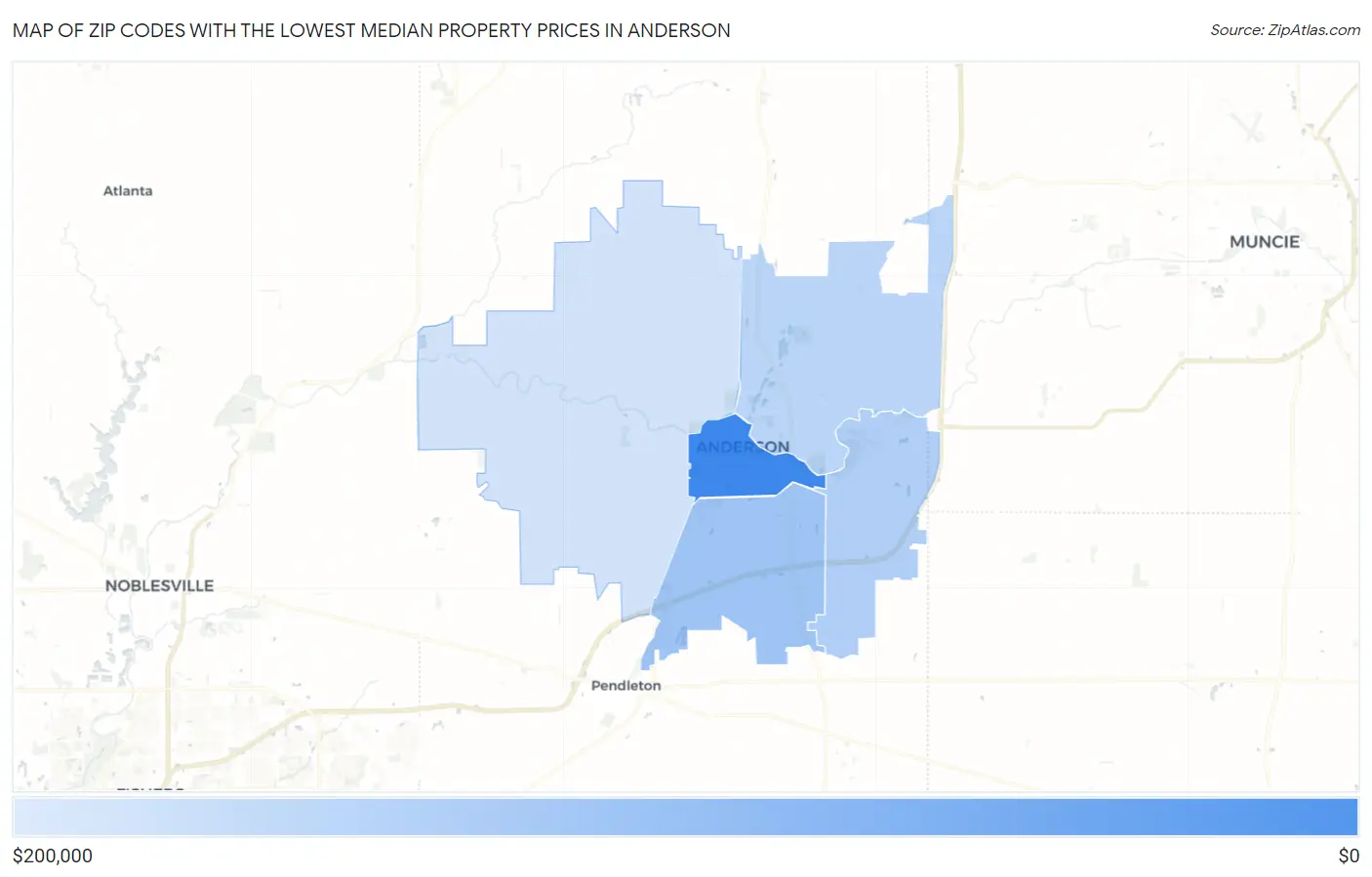 Zip Codes with the Lowest Median Property Prices in Anderson Map