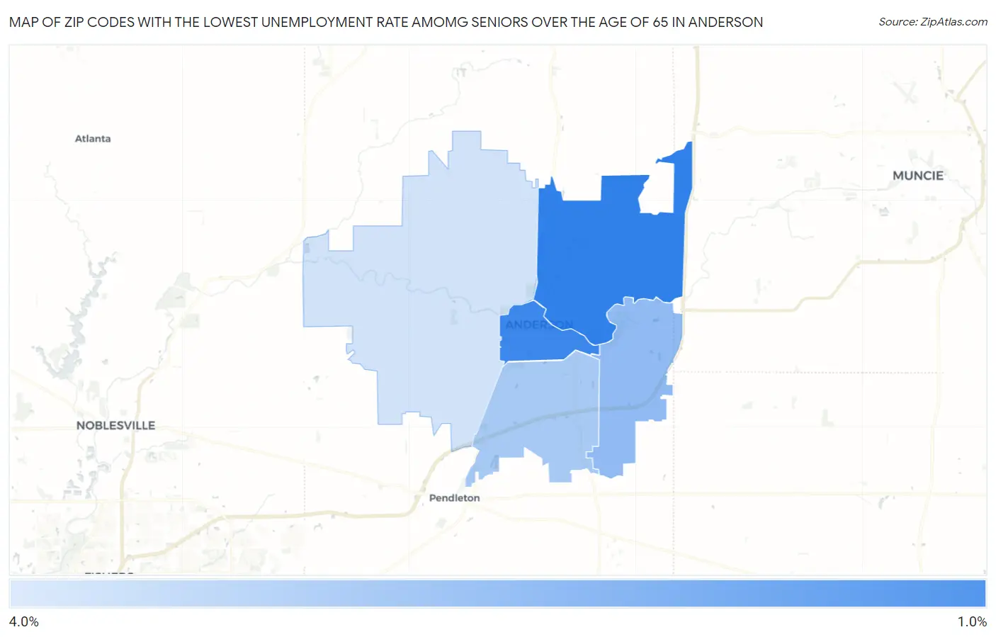 Zip Codes with the Lowest Unemployment Rate Amomg Seniors Over the Age of 65 in Anderson Map