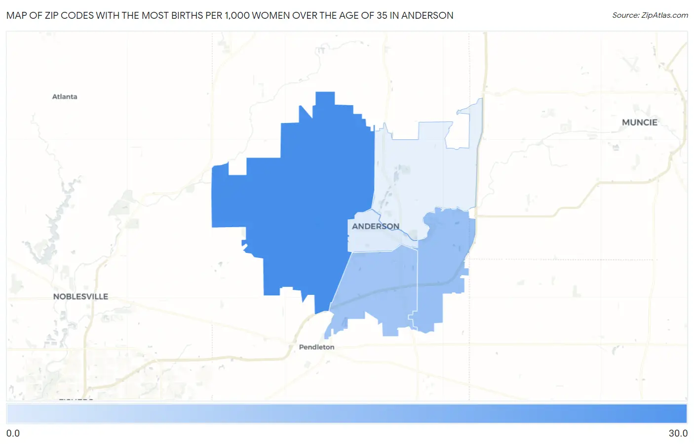 Zip Codes with the Most Births per 1,000 Women Over the Age of 35 in Anderson Map