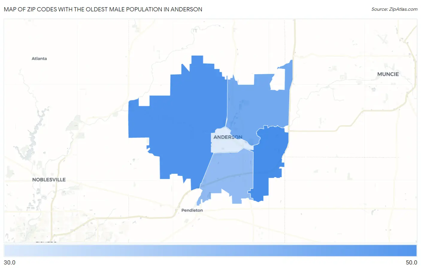 Zip Codes with the Oldest Male Population in Anderson Map