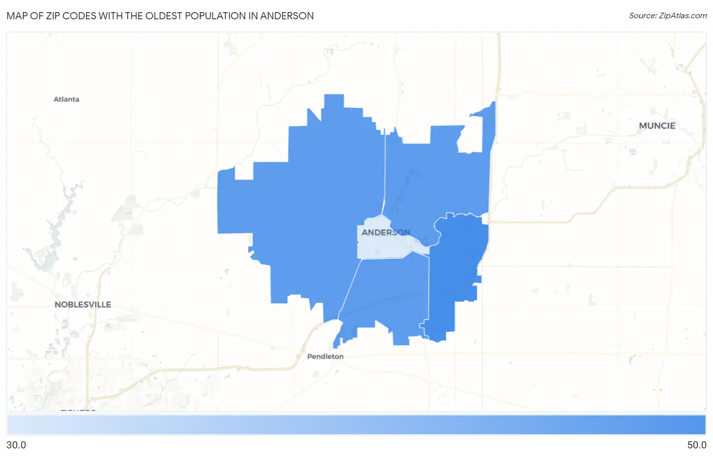 Zip Codes with the Oldest Population in Anderson Map