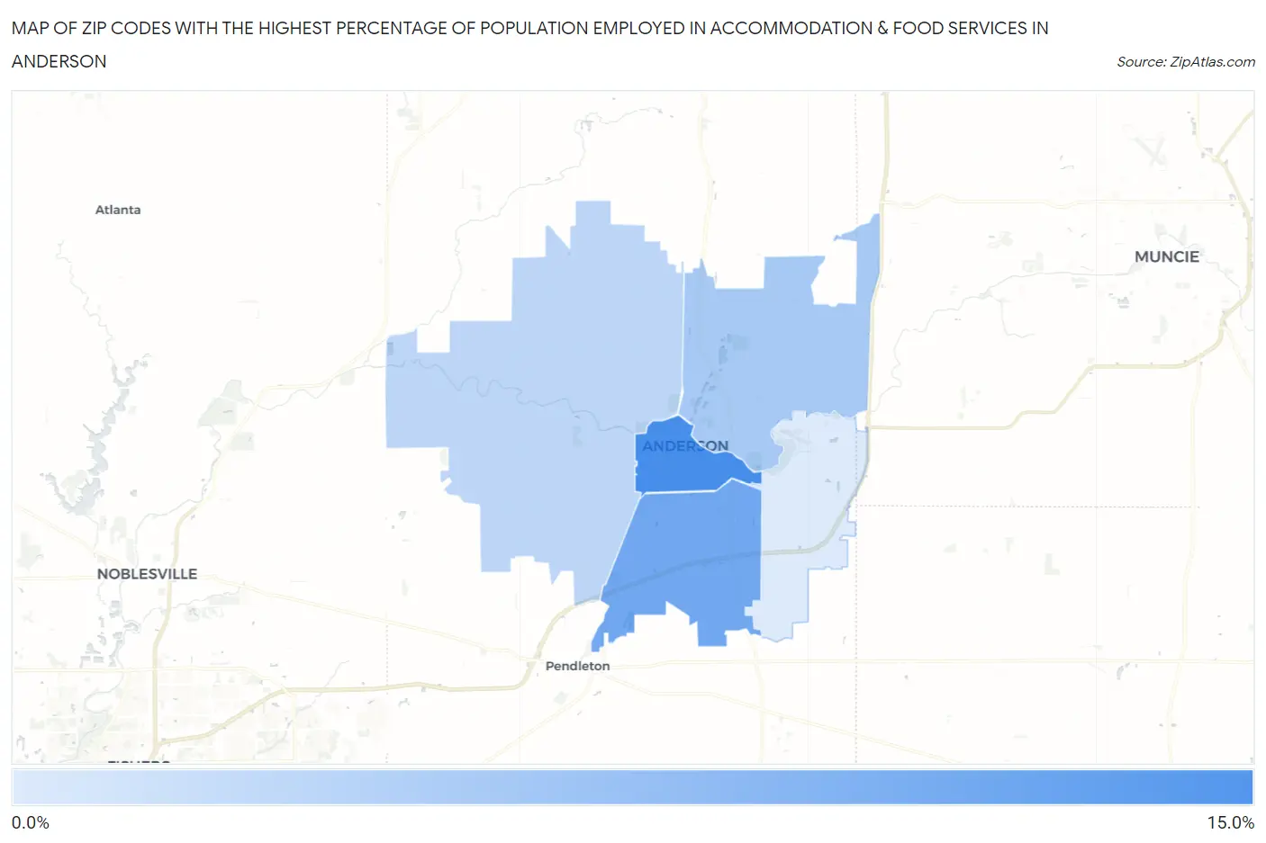 Zip Codes with the Highest Percentage of Population Employed in Accommodation & Food Services in Anderson Map