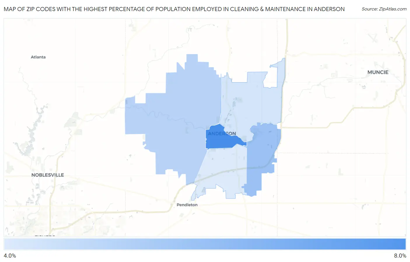 Zip Codes with the Highest Percentage of Population Employed in Cleaning & Maintenance in Anderson Map
