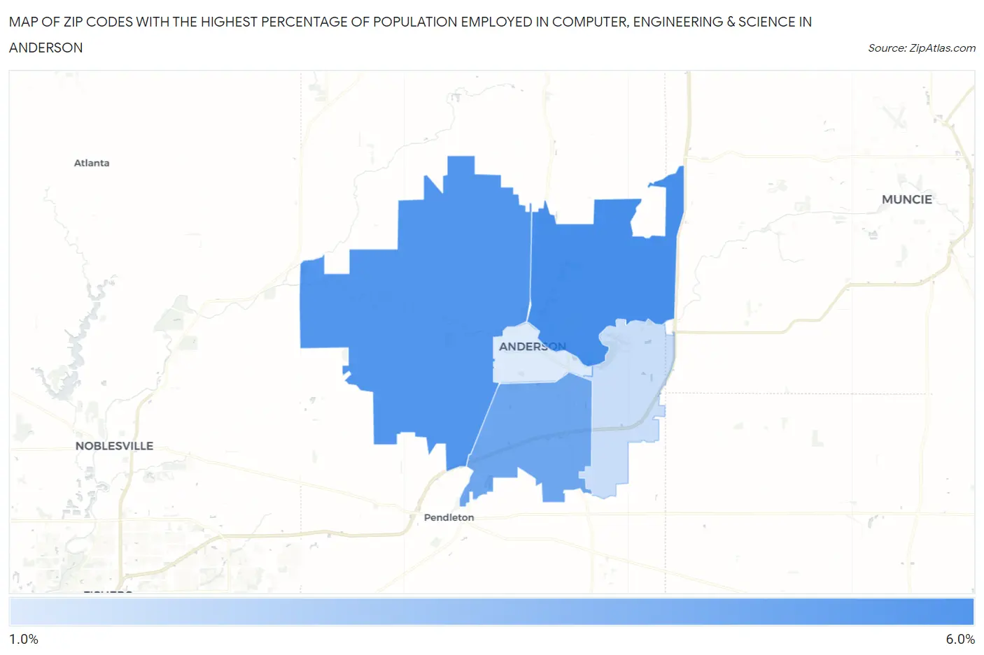 Zip Codes with the Highest Percentage of Population Employed in Computer, Engineering & Science in Anderson Map