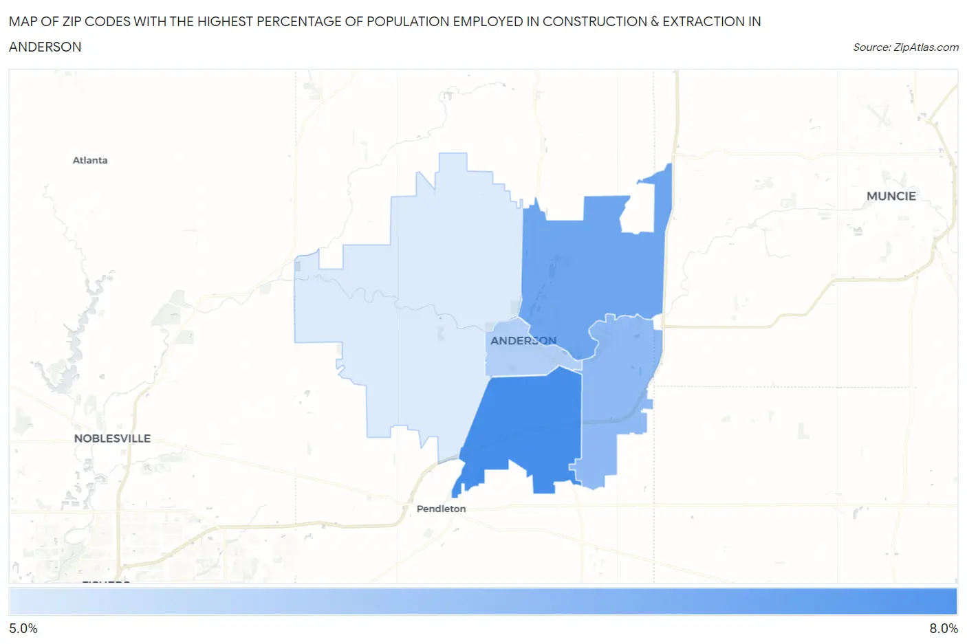 Zip Codes with the Highest Percentage of Population Employed in Construction & Extraction in Anderson Map
