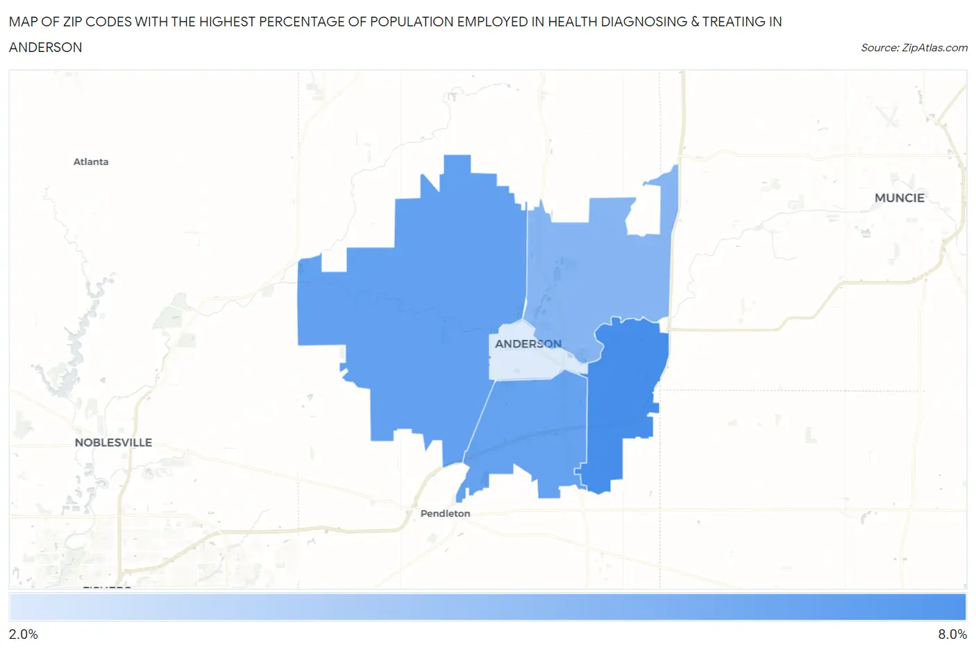 Zip Codes with the Highest Percentage of Population Employed in Health Diagnosing & Treating in Anderson Map
