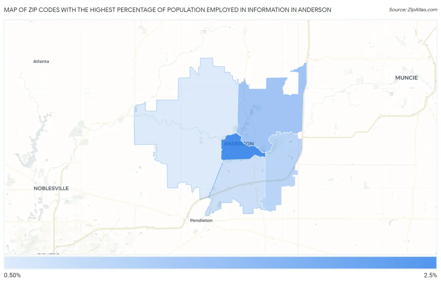 Zip Codes with the Highest Percentage of Population Employed in Information in Anderson Map