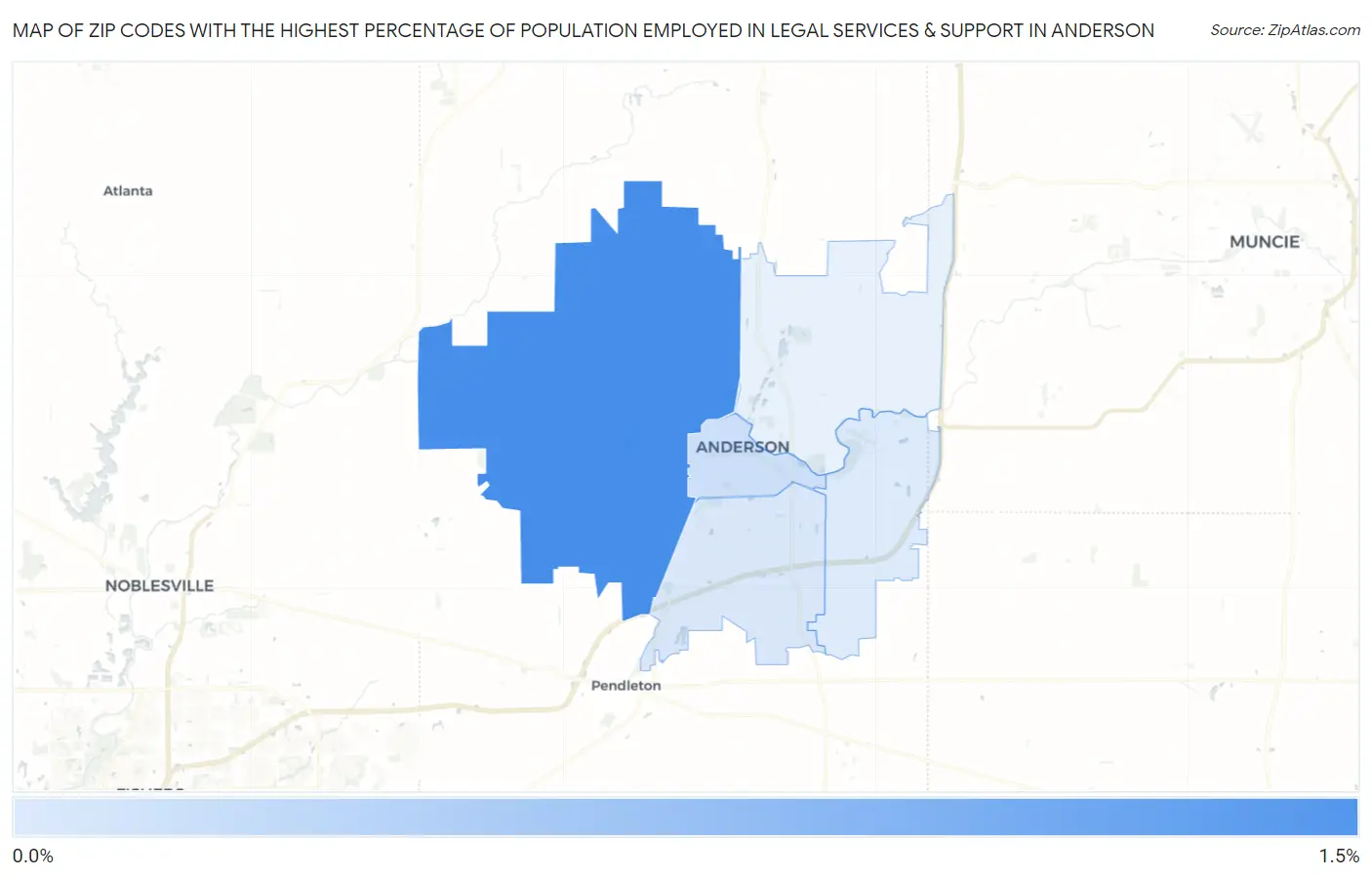 Zip Codes with the Highest Percentage of Population Employed in Legal Services & Support in Anderson Map