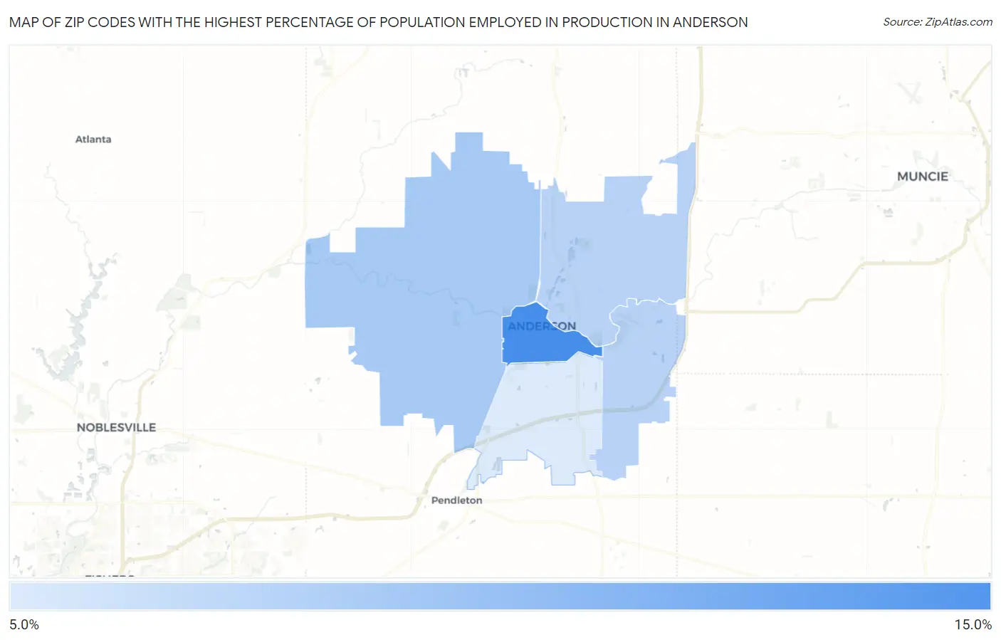Zip Codes with the Highest Percentage of Population Employed in Production in Anderson Map