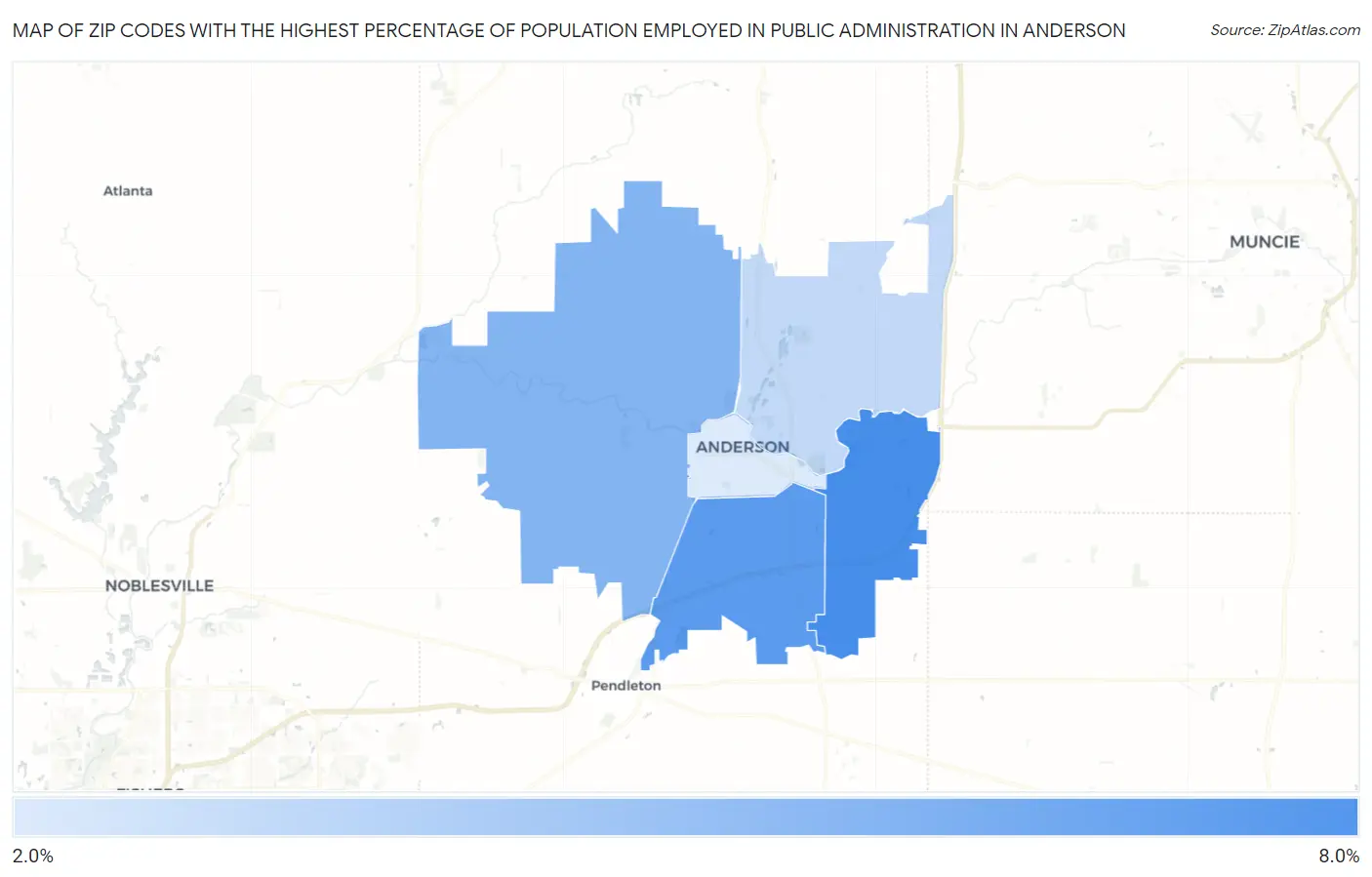 Zip Codes with the Highest Percentage of Population Employed in Public Administration in Anderson Map