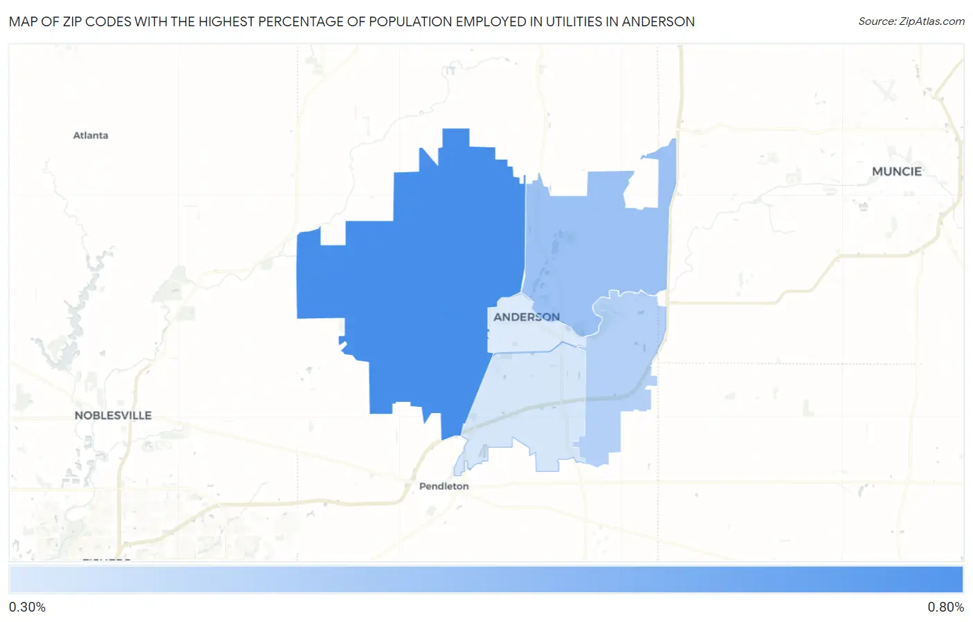 Zip Codes with the Highest Percentage of Population Employed in Utilities in Anderson Map