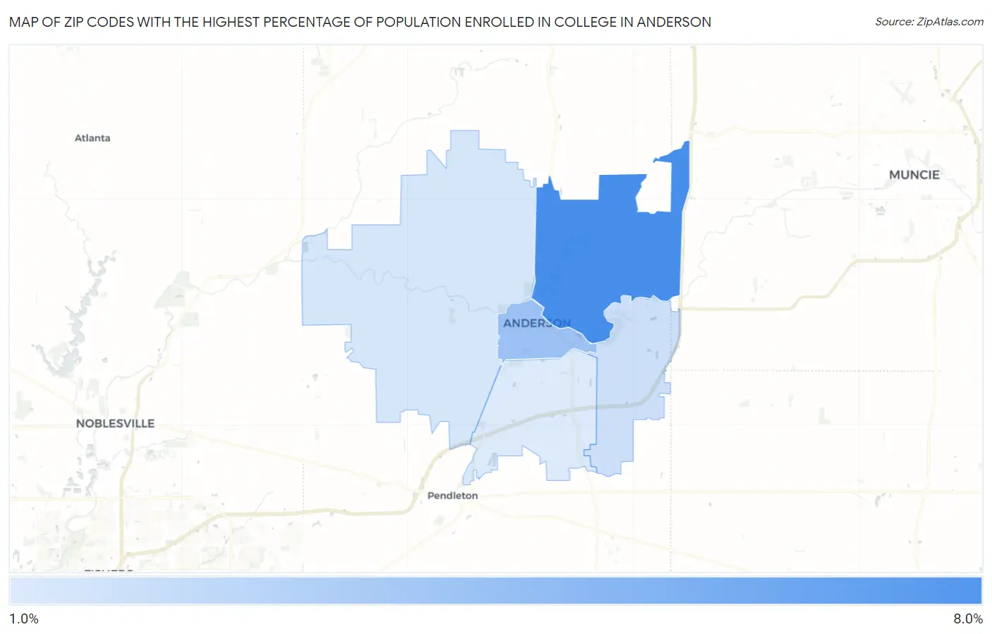 Zip Codes with the Highest Percentage of Population Enrolled in College in Anderson Map