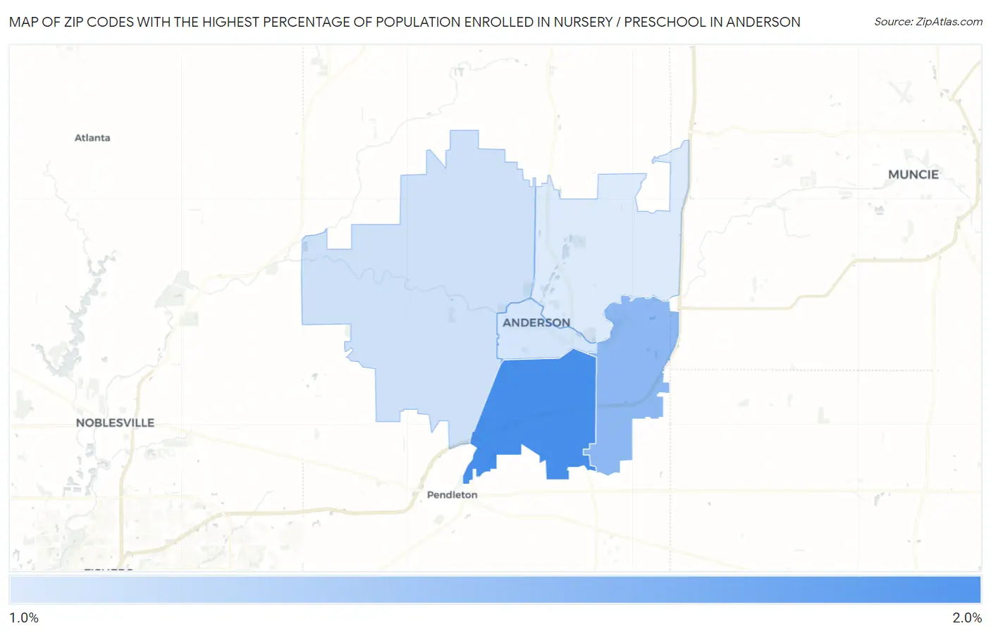 Zip Codes with the Highest Percentage of Population Enrolled in Nursery / Preschool in Anderson Map