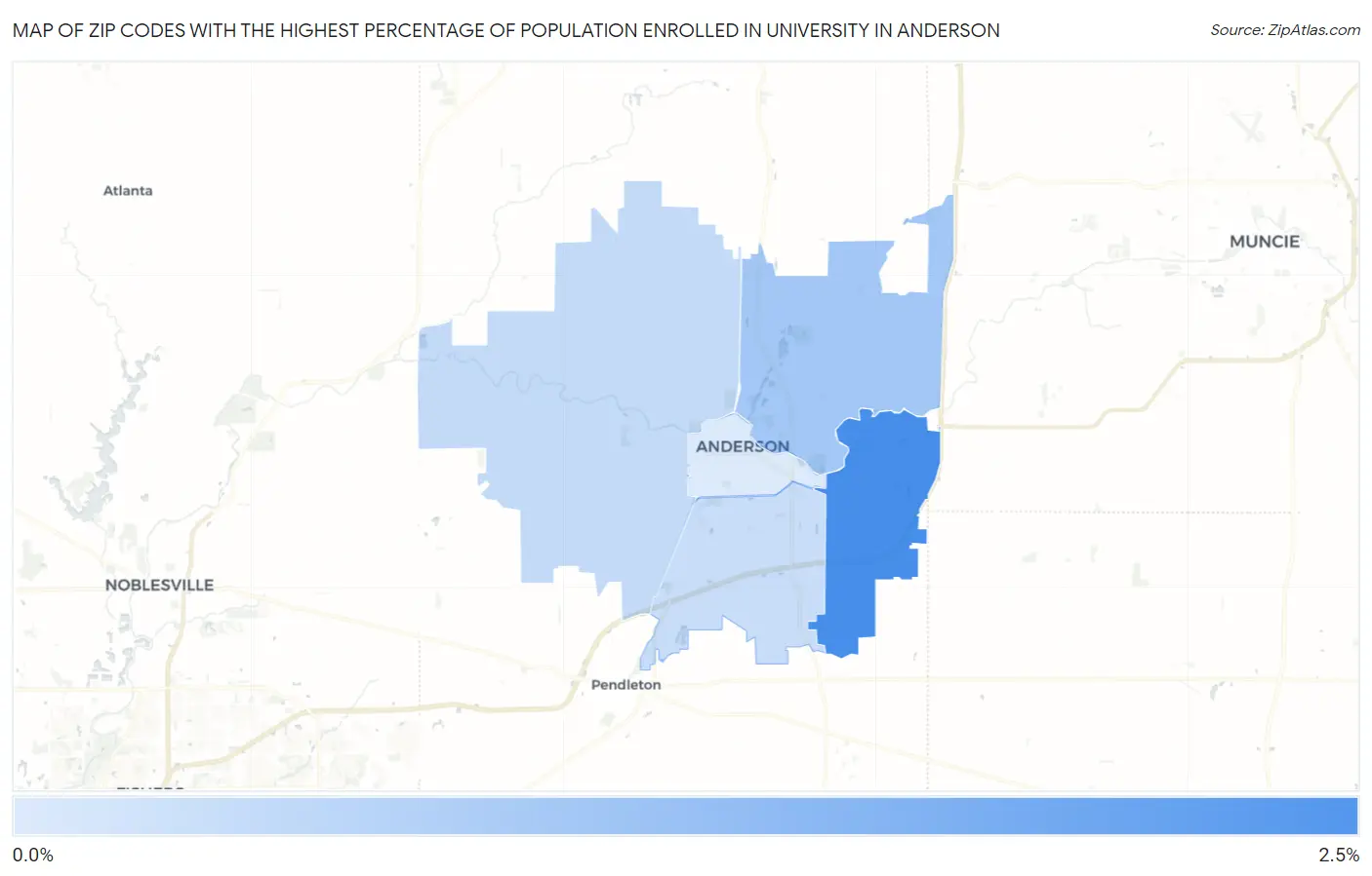 Zip Codes with the Highest Percentage of Population Enrolled in University in Anderson Map