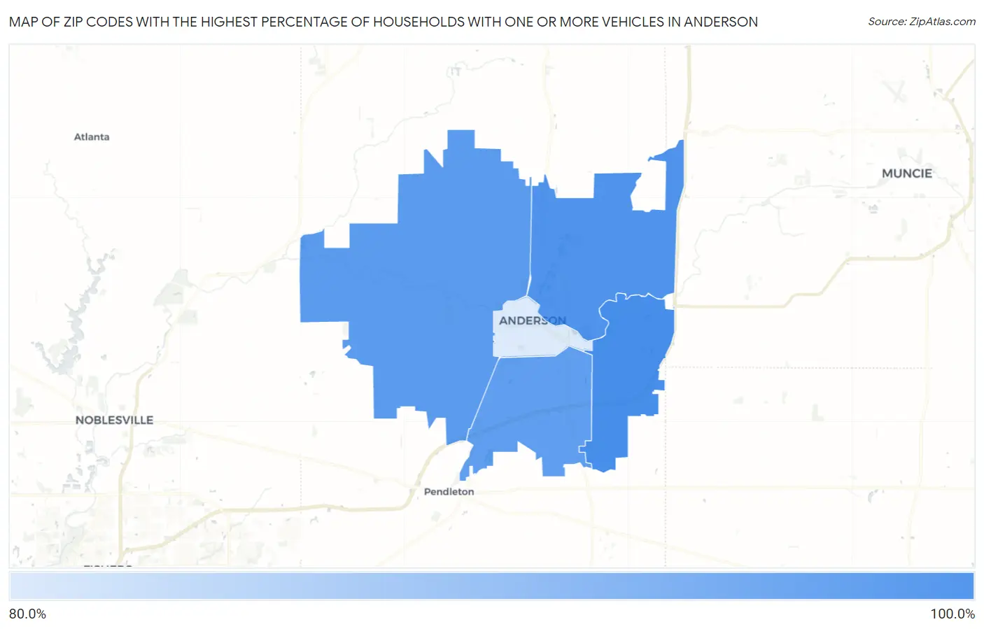 Zip Codes with the Highest Percentage of Households With One or more Vehicles in Anderson Map