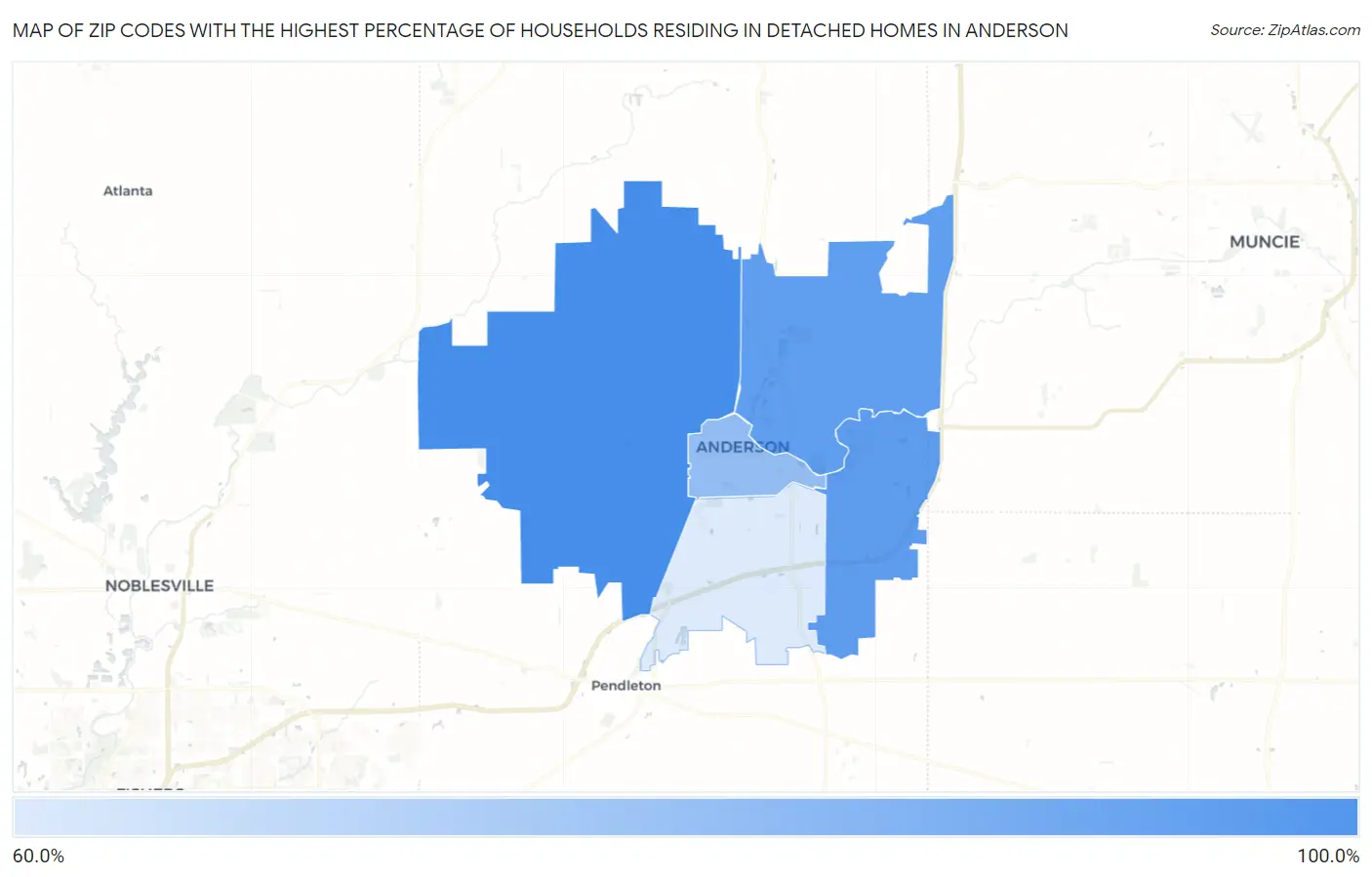 Zip Codes with the Highest Percentage of Households Residing in Detached Homes in Anderson Map