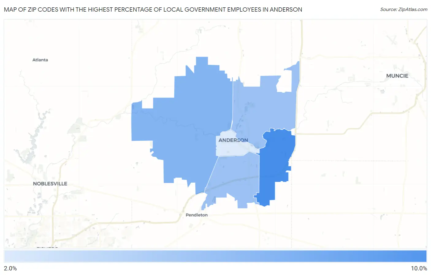 Zip Codes with the Highest Percentage of Local Government Employees in Anderson Map