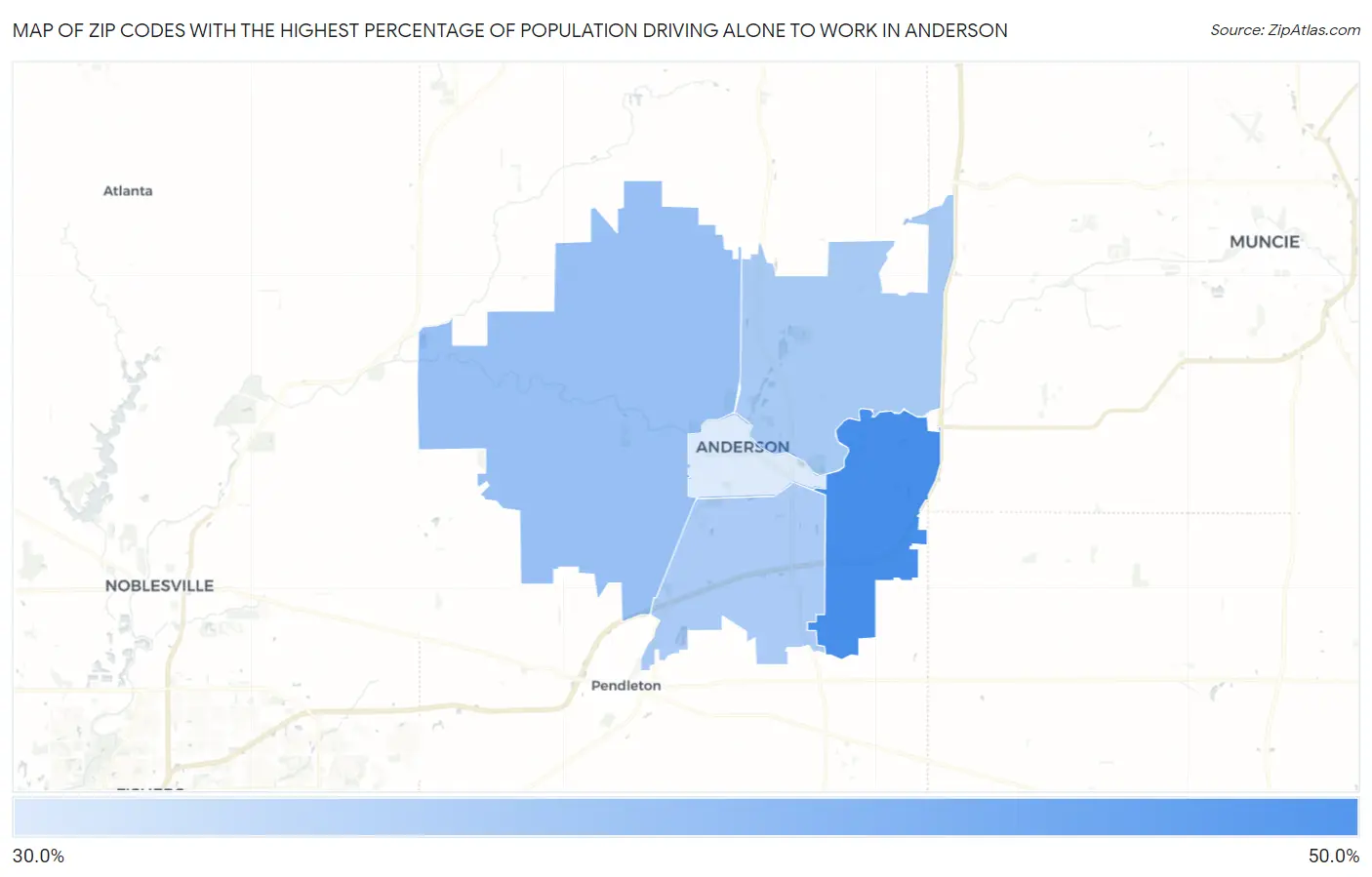 Zip Codes with the Highest Percentage of Population Driving Alone to Work in Anderson Map