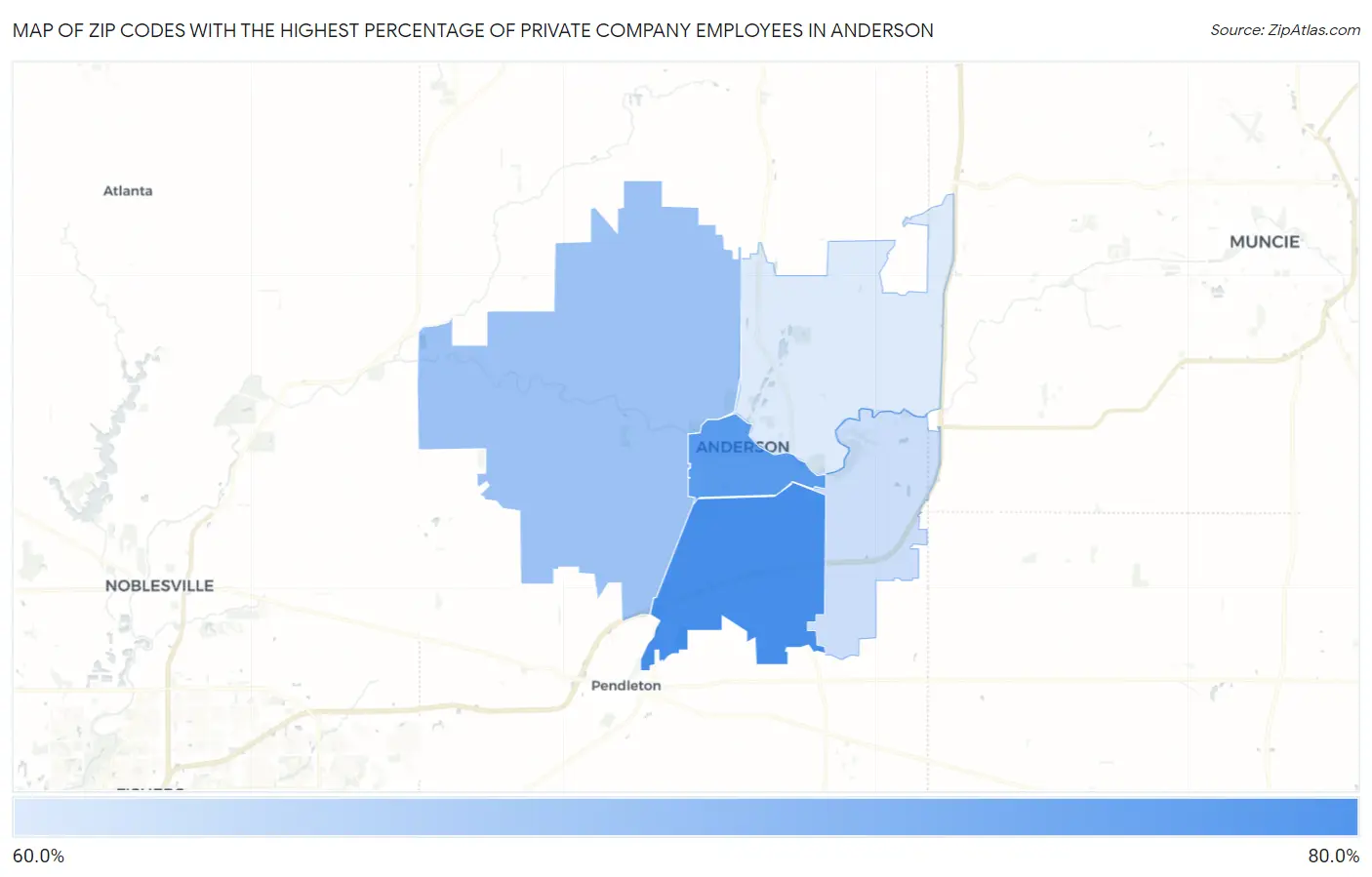 Zip Codes with the Highest Percentage of Private Company Employees in Anderson Map