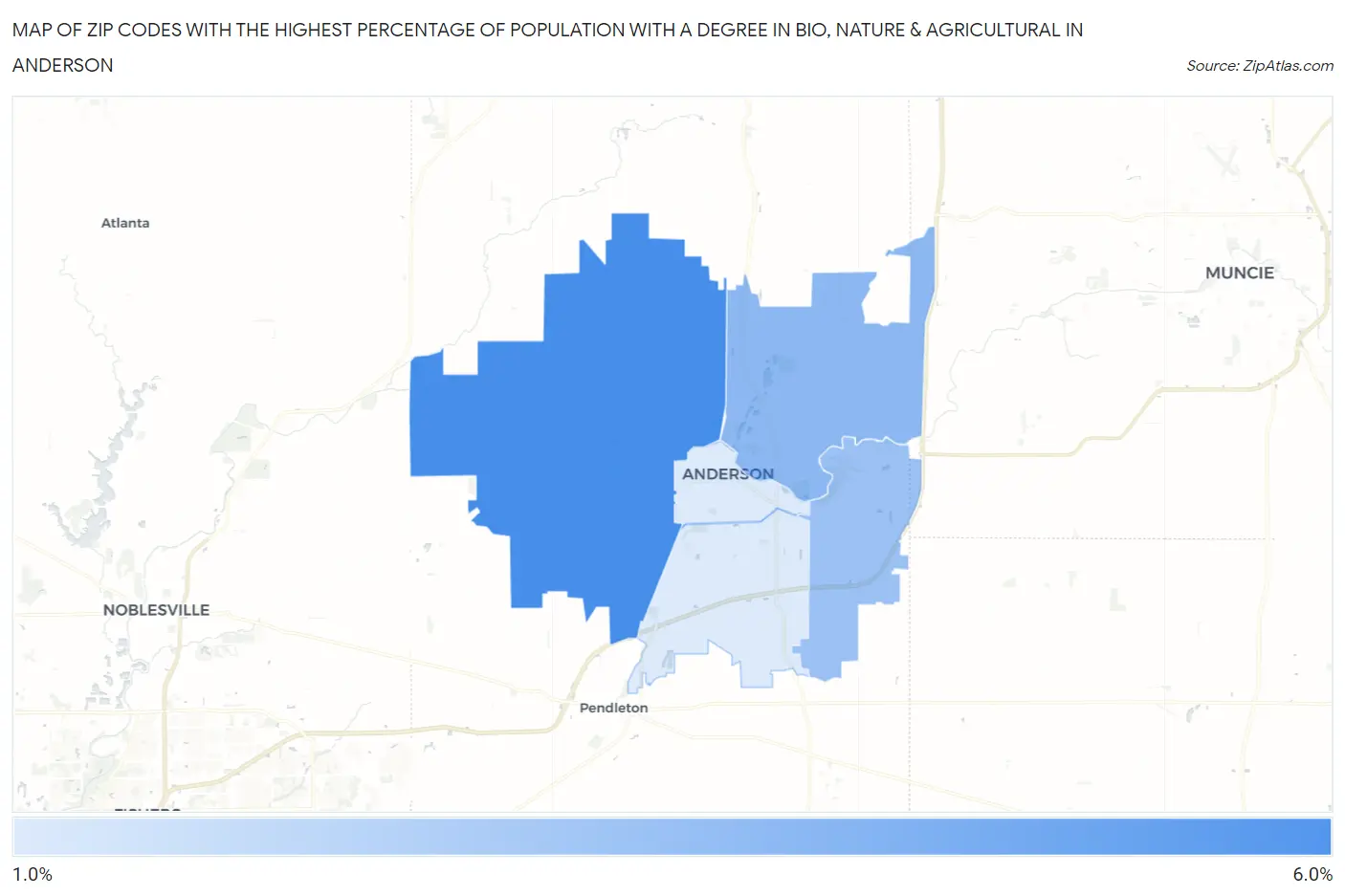 Zip Codes with the Highest Percentage of Population with a Degree in Bio, Nature & Agricultural in Anderson Map