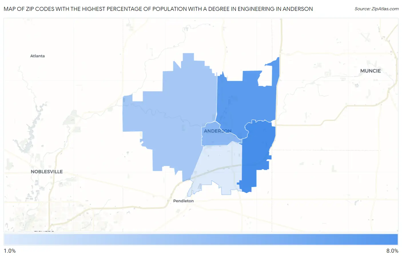 Zip Codes with the Highest Percentage of Population with a Degree in Engineering in Anderson Map