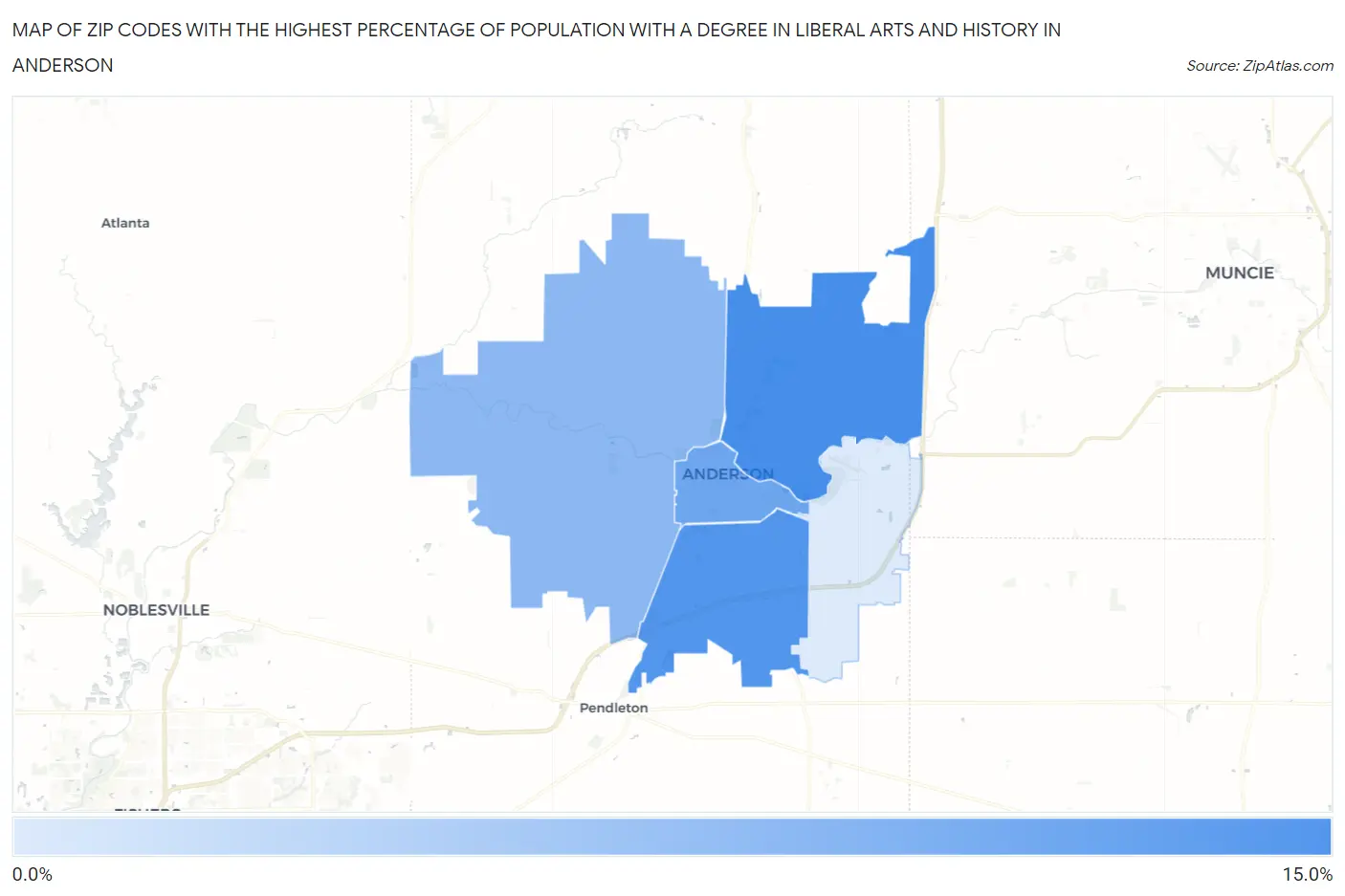 Zip Codes with the Highest Percentage of Population with a Degree in Liberal Arts and History in Anderson Map
