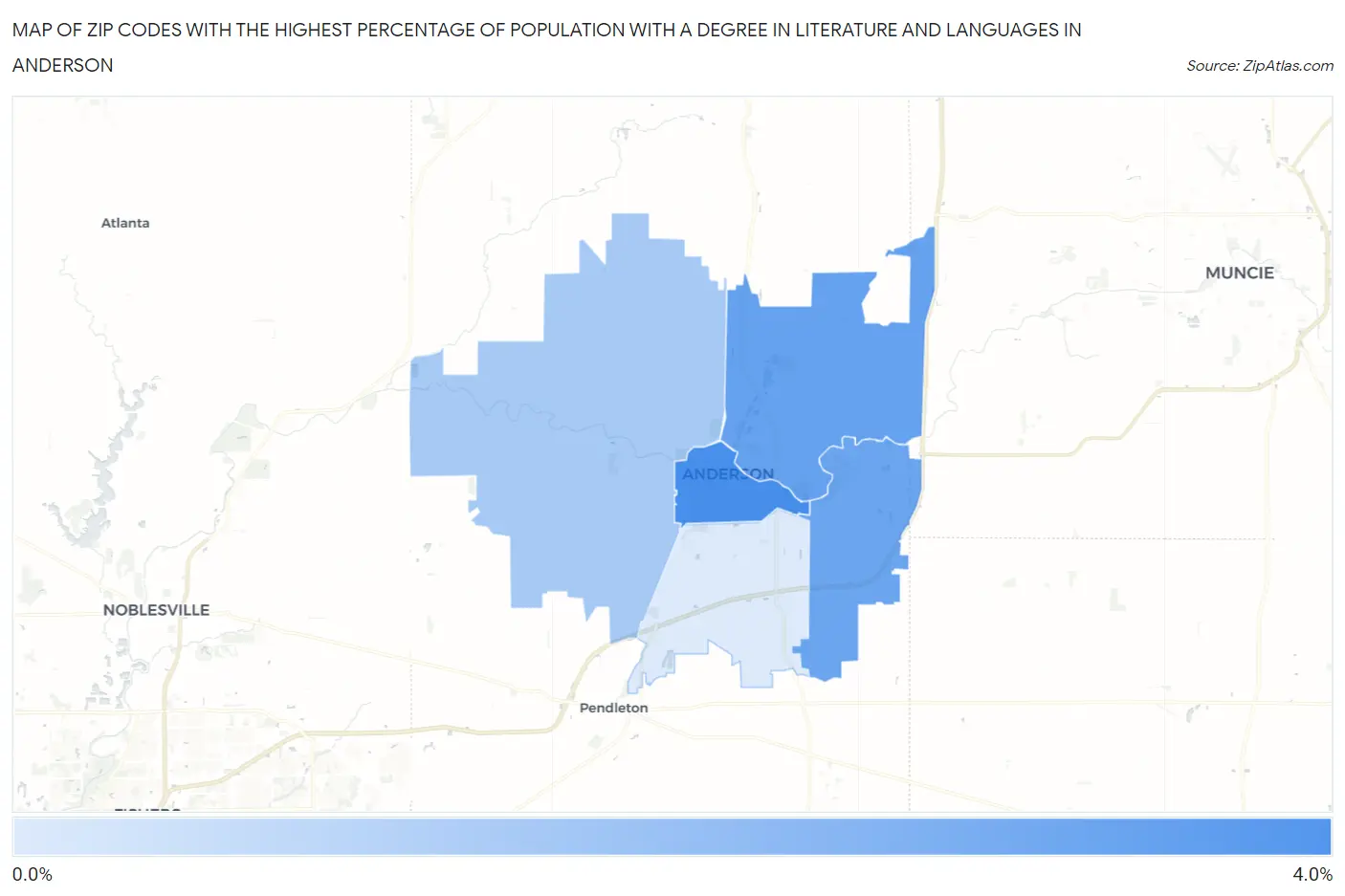Zip Codes with the Highest Percentage of Population with a Degree in Literature and Languages in Anderson Map