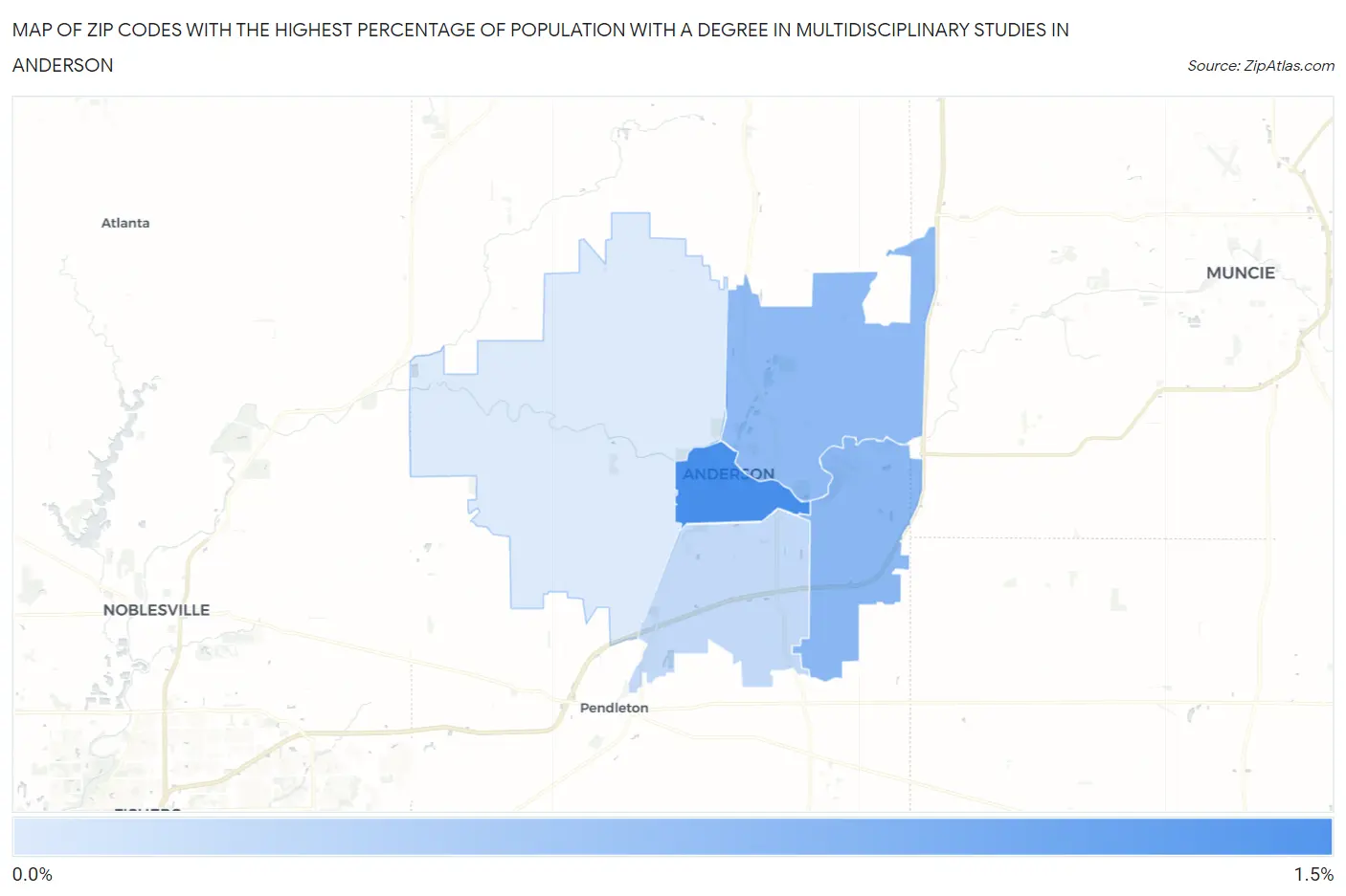 Zip Codes with the Highest Percentage of Population with a Degree in Multidisciplinary Studies in Anderson Map