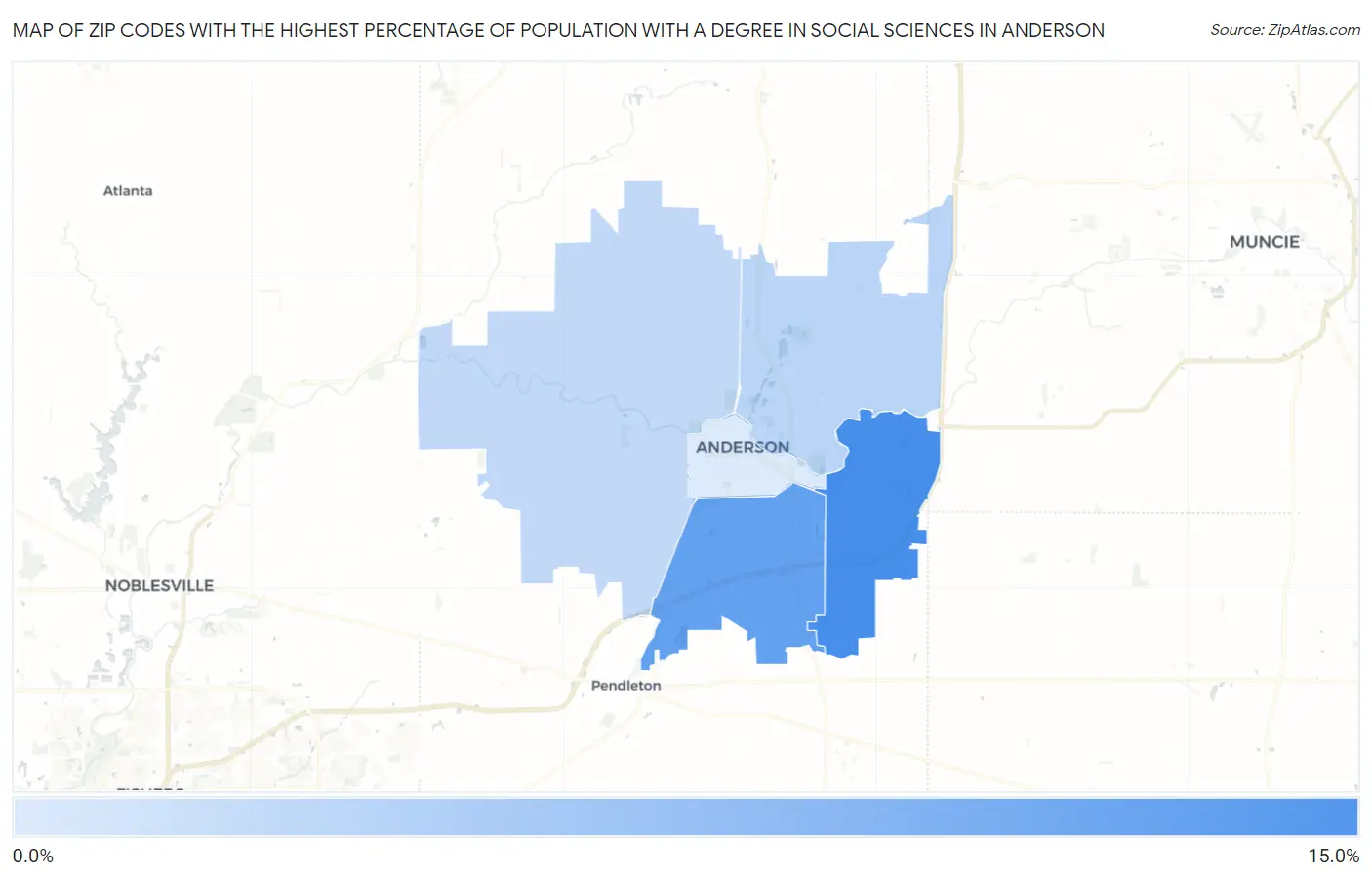 Zip Codes with the Highest Percentage of Population with a Degree in Social Sciences in Anderson Map